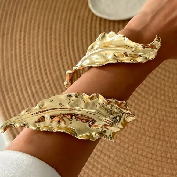 Sculpted Gold Wave Leaf Cuff Bracelet - Picture 6 of 6